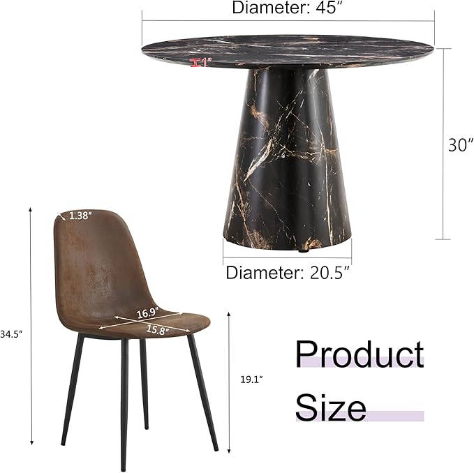 45 Inch Round Dining Table Set for 4, 5 Piece Kitchen Table and Chairs Set, Black Faux Marble Table Top, Small Space Dining Set for Apartment or Dining Room