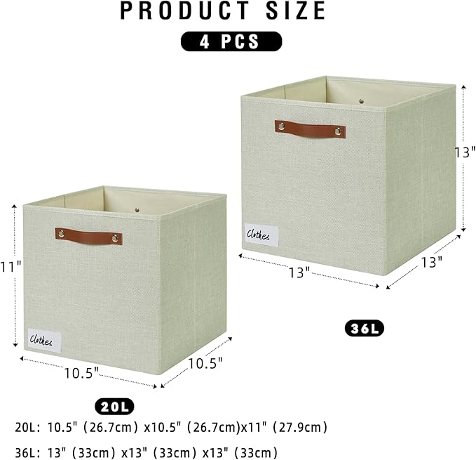 Collapsible Fabric Storage Cube Bins with 2 Reinforced PU Handles, Foldable Storage Organizer Baskets for Closet, Shelves, Living Room | 13"x13"x13", 4 Pack, Sage Green