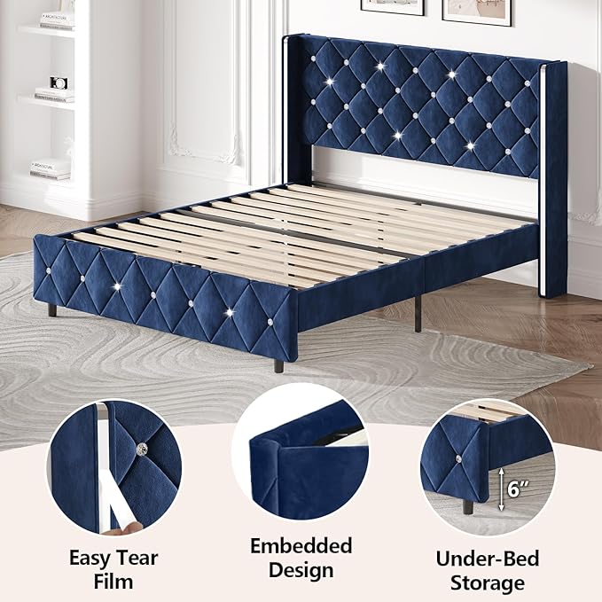 HOMBCK Full Size Bed Frame, Upholstered Bed with Diamond Headboard, Black Velvet Bed Frame with Wingback Headboard & Footboard, No Box Spring Needed, Easy Assembly, Blue