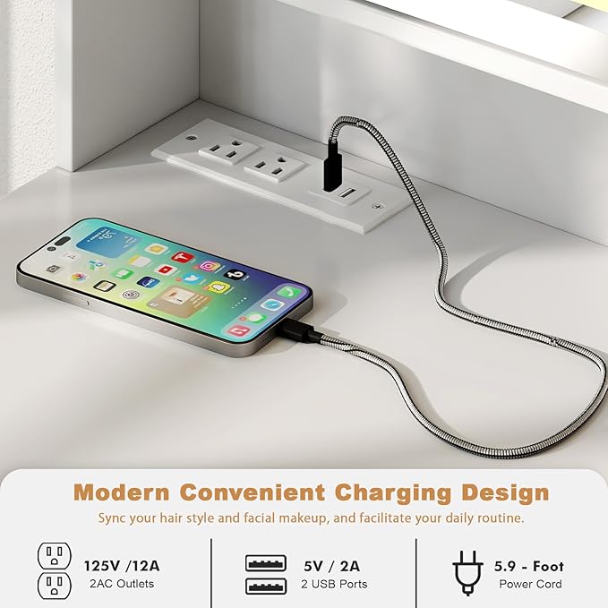 Hadulcet White Vanity Desk with Mirror and Lights, LED Vanity with Power Outlet, Makeup Vanity with 2 Drawers, 10 Storage Shelves and Acrylic Door Cabinet for Bedroom Dressing Room, 43”