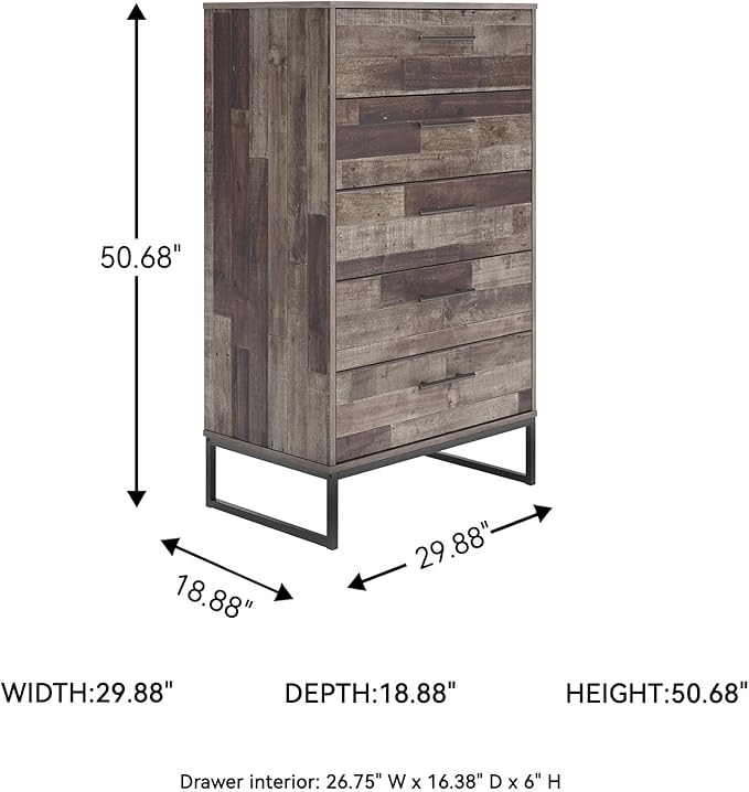 Signature Design by Ashley Neilsville Industrial 5 Drawer Chest of Drawers with Smooth-Gliding Drawers and Safety Stop, Gray