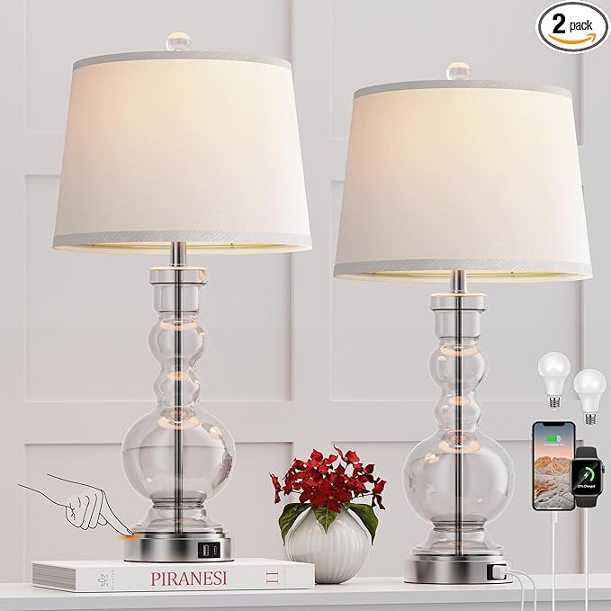 Hamucd 3-Way Dimmable Touch Control Clear Grey Glass Table Lamps Set of 2 with USB A+C for Modern Comtemporary Bedroom Nightstand Living Room Decor(Bulbs Included) (Clear)