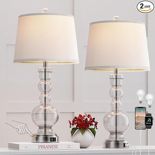 Hamucd 3-Way Dimmable Touch Control Clear Grey Glass Table Lamps Set of 2 with USB A+C for Modern Comtemporary Bedroom Nightstand Living Room Decor(Bulbs Included) (Clear)