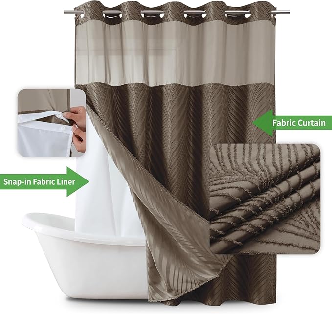 no Hook Shower Curtain and Fabric Liner Set，Thanksgiving Autumn Shower Curtain, Boho Tufted Striped Style with See Through Top Window, Brown, 71Wx74H