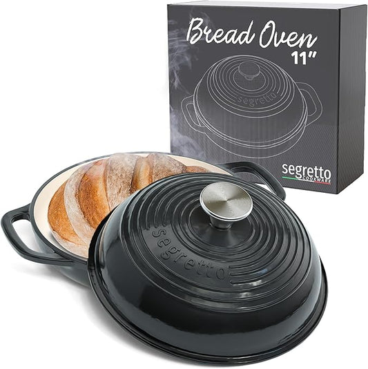 Enameled Cast Iron Bread Pan with Lid, 11” Nero (Black) Bread Oven Cast Iron Sourdough Baking Pan, Dutch Oven for Bread - Segretto Cookware