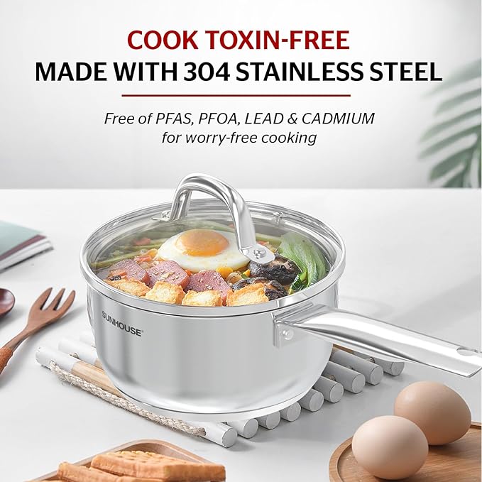 SUNHOUSE – 2 Quarts Stainless Steel Sauce Pan with Lid - PFOA-FREE, Stainless Steel Sauce Pan, Advanced Impact Bonding Induction Base, Stay-Cool Handle, Compatible with All Cooktops