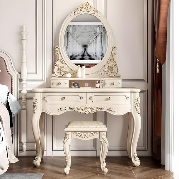 CraftThink Modern Makeup Vanity Set, Bedroom Makeup Vanity Desk Wood Vanity Dressing Table for Bedroom, Makeup Vanity & Mirror & Stools Oval 39" L x 19" W x 64" H