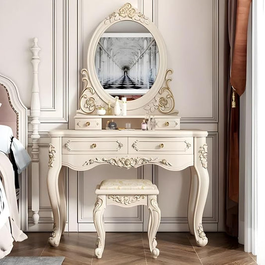 CraftThink Modern Makeup Vanity Set, Bedroom Makeup Vanity Desk Wood Vanity Dressing Table for Bedroom, Makeup Vanity & Mirror & Stools Oval 39" L x 19" W x 64" H