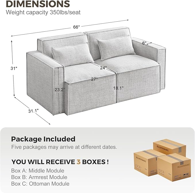 ELUCHANG Oversized Loveseat Sofa,Modern Boucle Sectional Sleeper Sofa with Strong Wood Frame,High Supportive & Soft Sponges Comfy Upholstered Couch Deep Seat Couch for Living Room Apartment,Light Grey