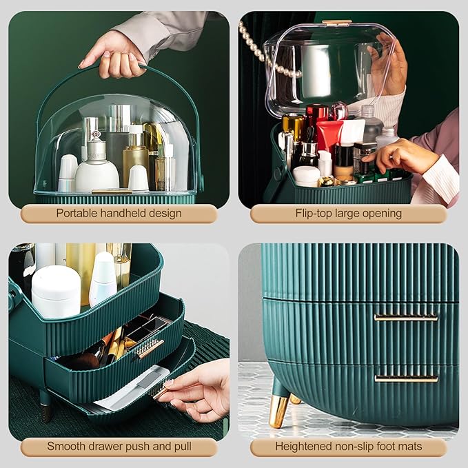 Ergocar Cosmetics Organizer Make Up Case Dustproof Cosmetic Storage Box, Cosmetics Skin Care Products Multi-Function Jewelry Organizer Case - green-1