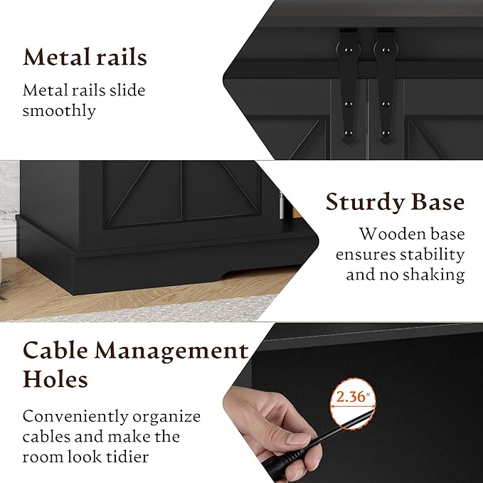 Farmhouse TV Stand for 55 60 65 Inch TV, Mid Century Modern TV Cabinet with Storage and Sliding Barn Doors, Easy Assembly, Entertainment Center Console Table for Bedroom Living Room-Black