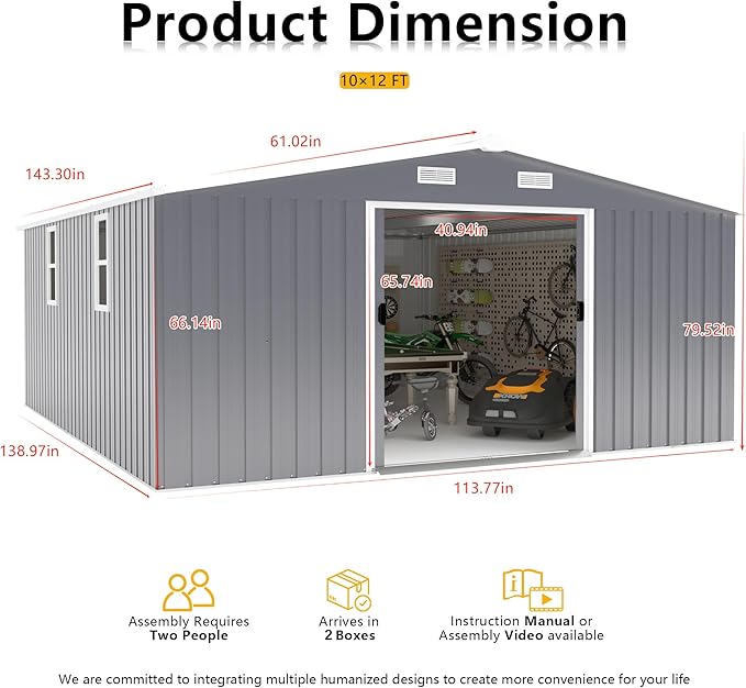 10x12 FT Outdoor Storage Shed, Large Metal Garden Shed with 2 Windows, Outside Tool Sheds with Lockable Sliding Doors, Waterproof Storage Building with 4 Air Vents for Backyard, Patio, Lawn, Dark Gray