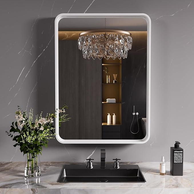 White Bathroom Mirror 22x30 Inch, White Metal Framed Bathroom Mirror for Wall, Rounded Rectangle Matte Bathroom Vanity Mirror, Tempered Glass, Anti-Rust, Horizontal/Vertical