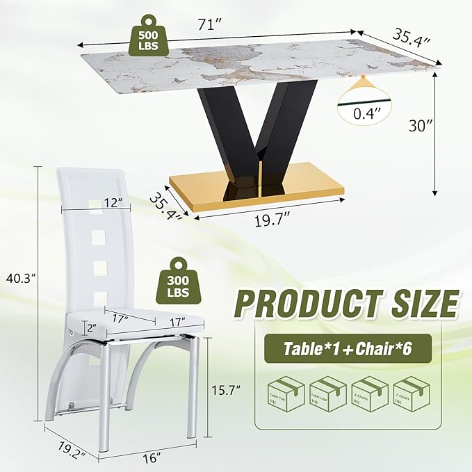 71'' Dining Table Set for 6,Modern Dining Room Table Set for 6,Marble Dining Table with 6 PU Leather Dining Chairs,Gold Dining Room Table with Glossy V-Shaped Base Ideal for Kitchen