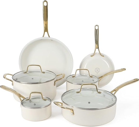 Martha Stewart Lockton Premium Non stick Non Toxic PFA Free Ceramic Interior 10 Piece Heavy Gauge Enamel Aluminum Pots and Pans Cookware Set - Linen White w/Gold Handle
