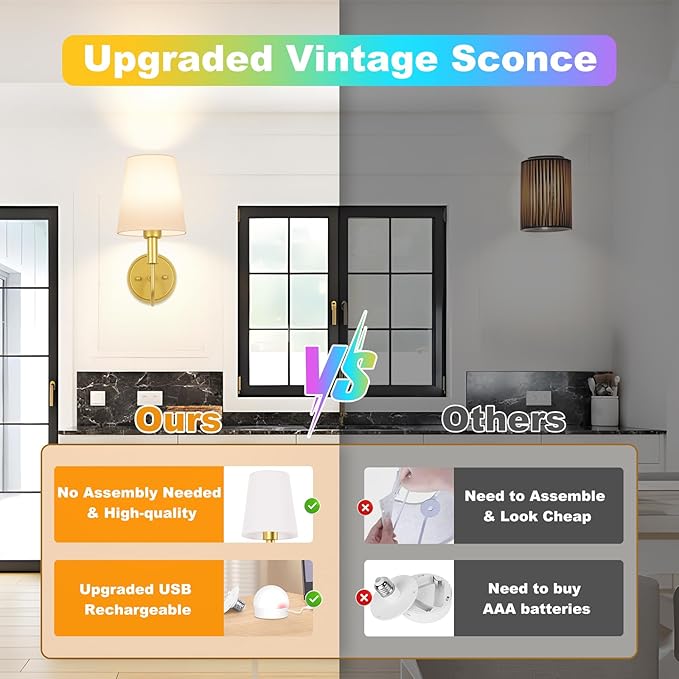 Wireless Rechargeable Wall Sconce, Battery Operated Wall Lights with Remote, Wall Lamps with Dimmable RGB LED Bulbs, No Wiring Gold Sconces Wall Decor Set of 2 for Bedroom Living Room Hallway