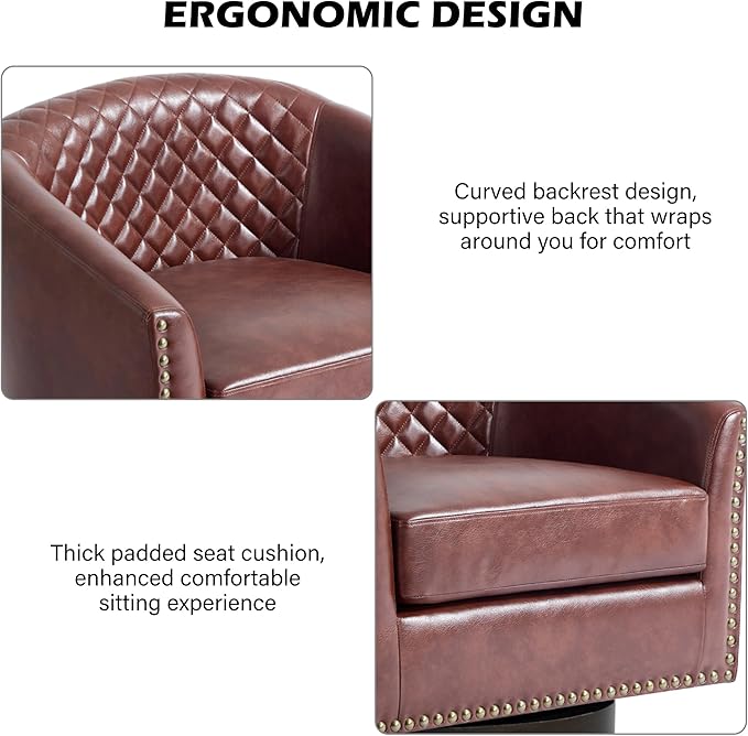 Swivel Barrel Accent Chair, Comfy Modern Upholstered Round Faux Leather Arm Chair for Living Room, Bedroom（Red Brown, Set of 2