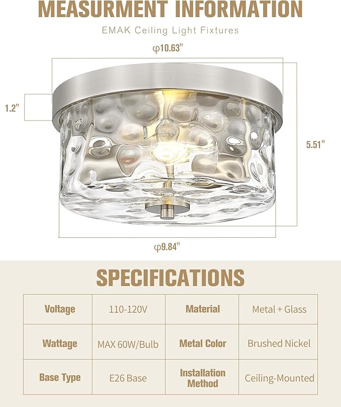 Emak Brushed Nickel Flush Mount Ceiling Light Fixture, Modern 11 inch Hallway Light Fixtures with Hammered Glass Shade, 2-Light Ceiling Lights for Bedroom, Bathroom, Hallway, Kitchen, FM082-BN-HG