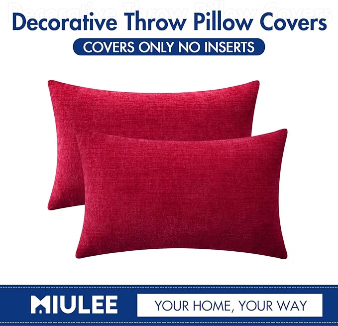 MIULEE Pack of 2 Red Couch Throw Pillow Covers 12x20 Inch Soft Chenille Pillow Covers for Sofa Living Room Solid Dyed Pillow Cases