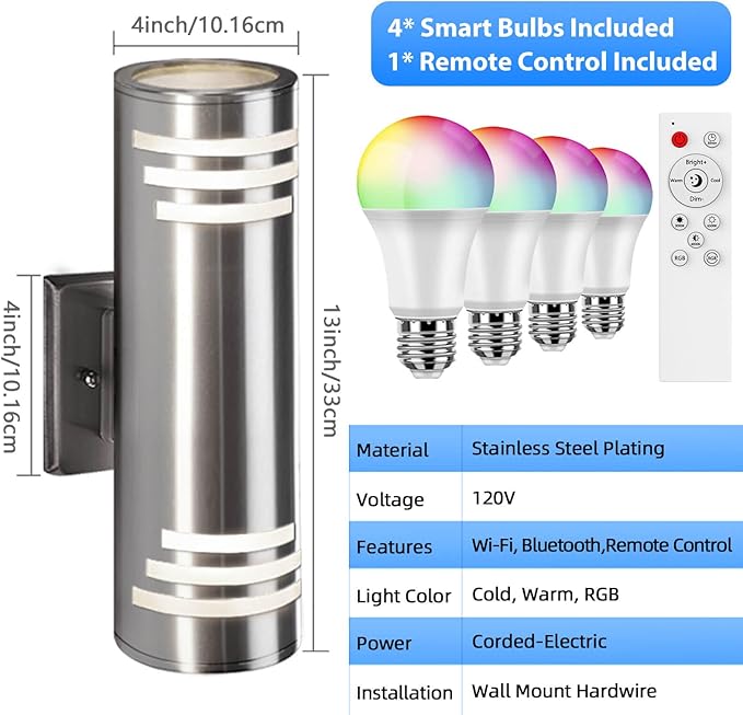 SHIMR Smart RGB Outdoor Wall Lights, WiFi LED Color Changing Exterior Sconce, APP Control Stainless Steel Porch Light Fixture with Remote for House Garage, No Hub Required Compatible with Alexa