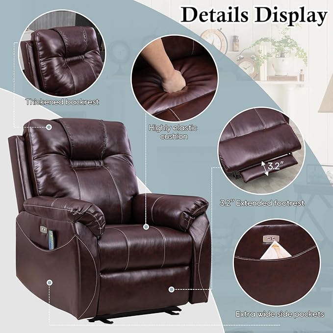 Power Recliner Chair,Wall Hugger Recliner with Heat and Massage,PU Leather Recliner Chair with 2 Side Pockets, USB & Type-C Port, Electric Recliner Chair for Living Room