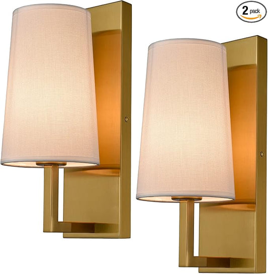 Gold Wall Sconces Set of Two Mid-Century Modern Fabric Shade Sconces Wall Lighting Indoor Brass Wall Lamp for Bedroom Hallway Living Room
