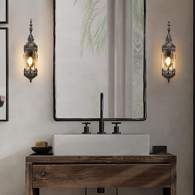 Rustic Glass Wall Sconce Mini Vintage Antique Gothic Wall Light Fixture Retro Farmhouse Mid Centry Lantern Wall Sconce for Bedroom, Hallway, Living Room, Mirror, Brush Gold, E12