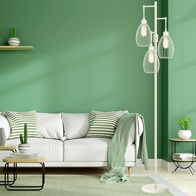 Dimmable Floor Lamp, 3 x 800LM LED Edison Bulbs Included, Farmhouse Industrial Floor Lamp Standing Lamp with Elegant Teardrop Cage Head Tall Lamp for Living Room Bedroom Office Dining Room - White