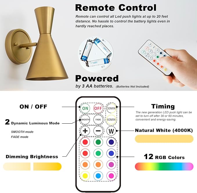 HEQIQEH Adjustable Modern Battery Powered Wall Sconces Light Set of 2 with Flared Funnel Metal Shade, 13 RGB Remote Control Dimmable Wall Mounted Lamp for Galleries, Hallway, Bedroom, Hotels