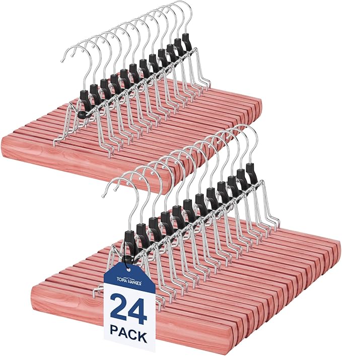 TOPIA HANGER 24 Pack Cedar Pants Hangers, Hair Extension Hangers Non Slip Skirt Hanger Wood Clamp with Velvet Padded 360° Swivel Hook for Jeans, Skirts, Trousers, Wigs CT68C