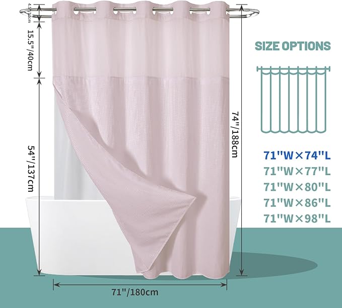 BlushPink No Hook Waffle Weave Shower Curtain with snap-in Liner Replacement, 230GSM Waterproof Fabric Hotel Shower Curtain Set for Bathroom, Through Mesh Top Window,71Wx74H