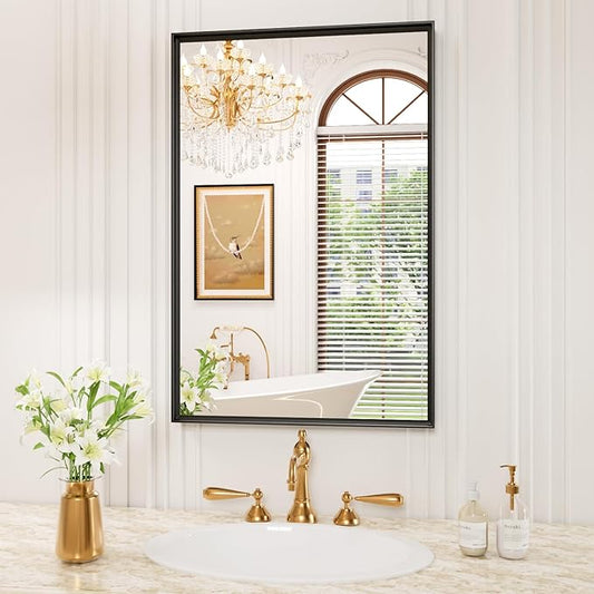 Black Bathroom Mirror, 20x30 inch Matte Black Vanity Mirror with Frame, Tempered Glass, Square Corner, Farmhouse, Entryway, Wall Mounted Rectangle Mirror, Vertically/Horizontally Hangs