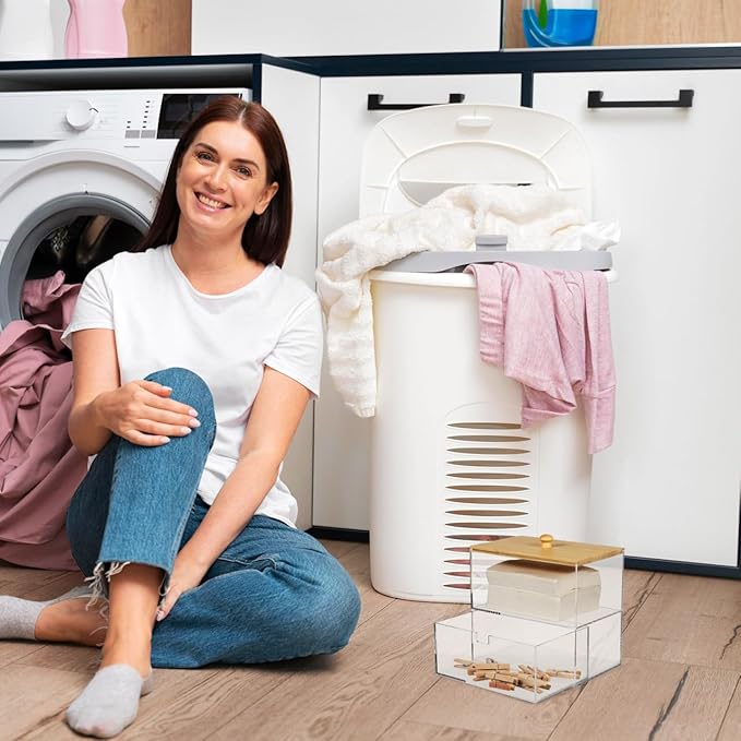 Dryer Sheet Holder Dispenser,Acrylic Dryer Sheet Container Box with Drawers and Lid for Laundry Room Organization, Storage Dryer and Fabric Sheet, Dryer Balls, Clothes Pins