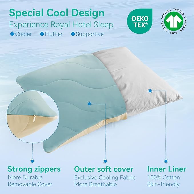Three Geese Cooling Goose Feather Down Bed Pillows King Size for Hot Sleepers, Q-Max>0.45, Cool Hotel Bed Pillows with Washable Removable Cover, Idea for Side Stomach Back Sleepers, 20" x 36"