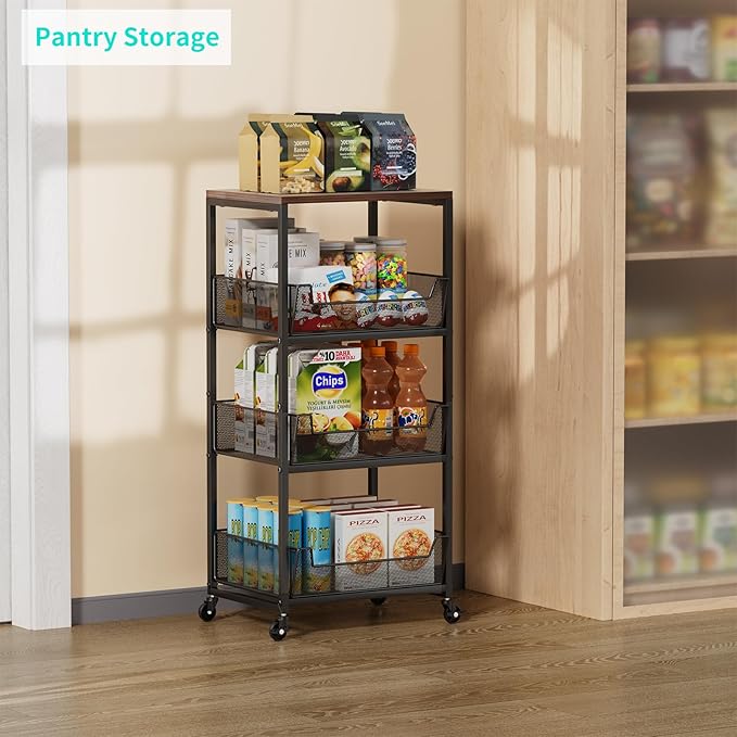 HapiRm Fruit Basket Kitchen Cart - 4-Tier Rolling Storage Cart with Wheels, Fruit Vegetable Basket with Wood Top, Pantry Utility Kitchen Organizer for Fruit Potato Onion Vegetable Bread Snack