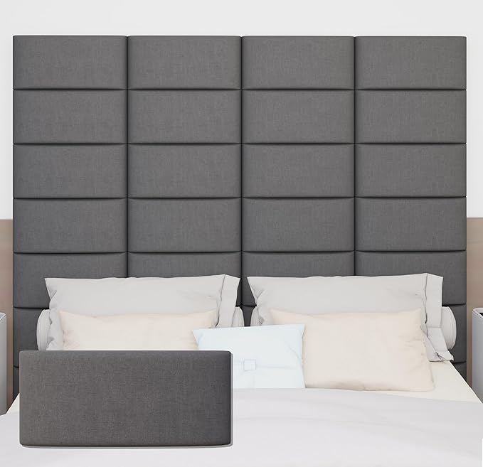 Upholstered Wall Mounted Headboard, 3D Soundproof Wall Panels Peel and Stick, Queen Size, Tufted, Dark Grey (9 Panels, 10" x 24")