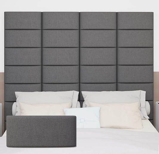 Upholstered Wall Mounted Headboard, 3D Soundproof Wall Panels Peel and Stick, Queen Size, Tufted, Dark Grey (9 Panels, 10" x 24")