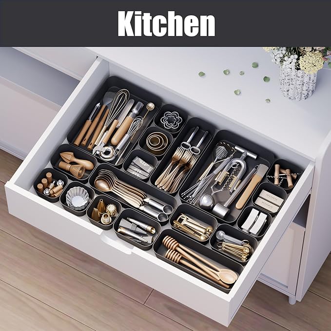 Plastic Drawer Organizers, 10 PCS Drawer Organizer Bins, Bathroom and Vanity Organizer Plastic Tray, Makeup organizer and storage for Makeup, Bedroom, Kitchen Gadgets Utensils and Office (Black)