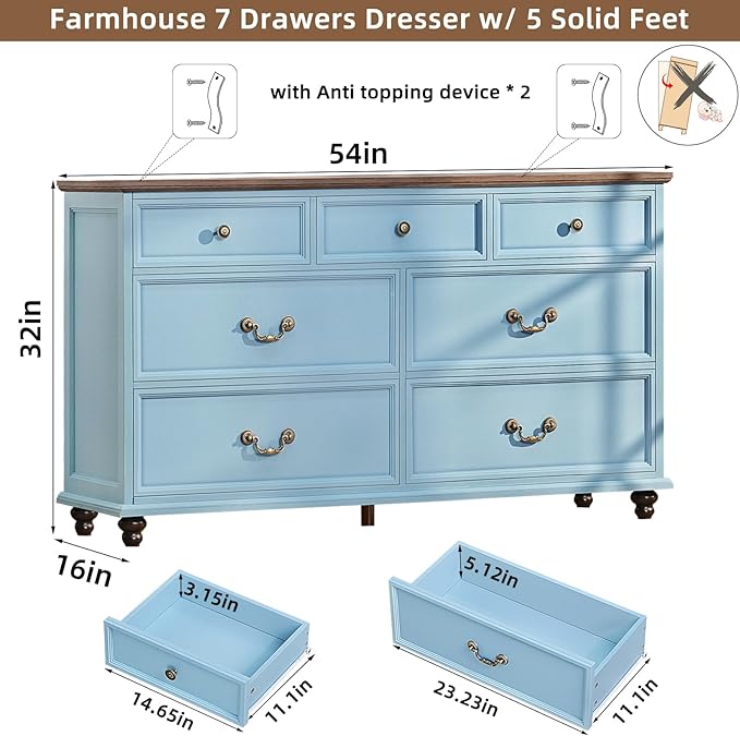 Farmhouse 54" 7 Drawers Dresser for Bedroom, Wide Wood Chest of Drawers w/ 4 Wooden Legs, Vintage Large Storage Dressers Organizer for Hallway, Rustic TV Stand for Living Room, Light Blue