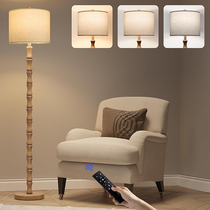 BOBOMOMO 62" Rustic Farmhouse Floor Lamp with Remote & Dimmable 9W Bulb, 3 Color Temperatures Resin Standing Lamp, Retro Corner Tall Lamp for Living Room, Bedroom, Nursery, Office, Reading Nock
