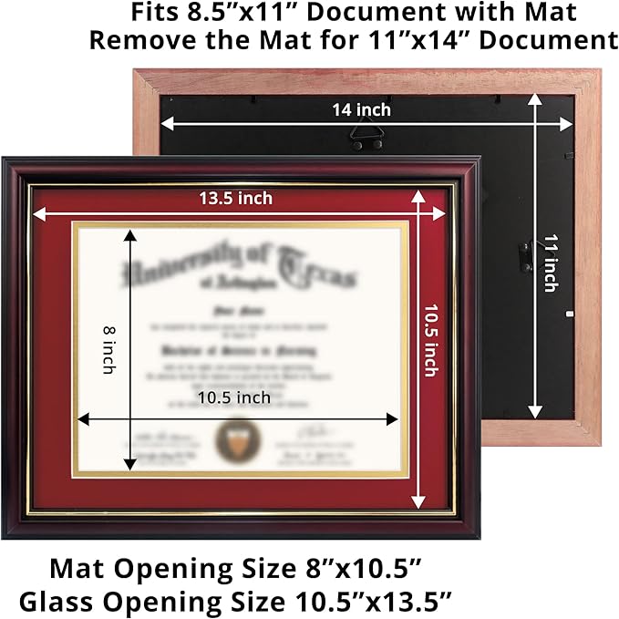 GraduationMall 8.5x11 Diploma Frame with Red over Gold Mat or Display 11x14 Certificate without Mat,Solid Wood & UV Protection Acrylic,Cherry Finish with Gold Trim,2 Pack