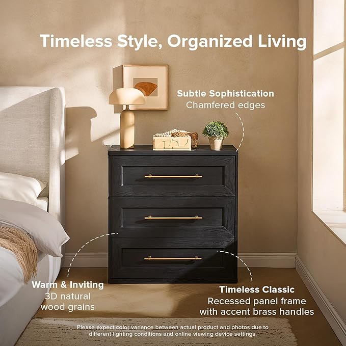mopio Blake 3 Drawer Dresser for Bedroom, Chest of Drawers, Wood Organizer, Modern Farmhouse, Tall Night Stand, Enhanced Safety, Sturdy Compliant (1, Black Oak, One Size)