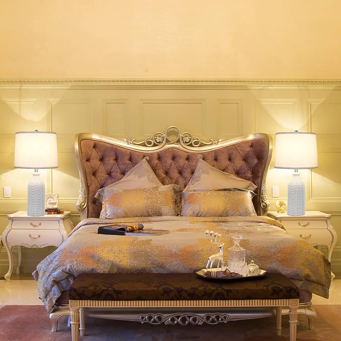 White Ceramic Table Lamp 24.5": 3-Way Dimmable Bedside Lamp with White Drum Slub Shade, Modern Nightstand Lamp for Bedroom & Living Room (Bulb Included)