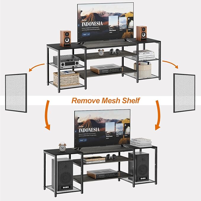 Modern Television Stand for 65 Inch TVs with Industrial Color Grey & Black, Metal Frame Storage Shelves with Open 3-Tier for Entertainment Center, Bedroom, Living Room