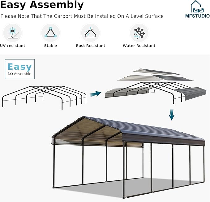 MFSTUDIO Carport 12x20 ft, Outdoor Heavy Duty Metal Shed Carports, Metal Garage Car Shelter Shade Car Port with Galvanized Roof, Frame and Bolts for Cars, Truck and Boats