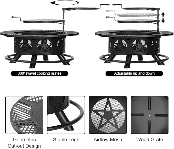 Outvue 42 Inch Fire Pit with 2 Grills, Extra Large Wood Burning Fire Pits for Outside with Lid & Poker, Heavy Duty Firepit,BBQ& Outdoor Fire Pit & Round Metal Table 3 in 1 for Patio, Picnic, Party