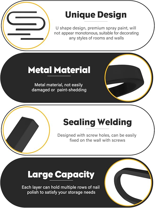 EBANKU 6PCS U Shape Nail Polish Racks Heavy Duty Nail Shelfs for Wall Nail Polish Display Rack Cosmetic Display Cases Nail Polish Organizer Wall Shelf for Home Spa Nail Salon(Black)