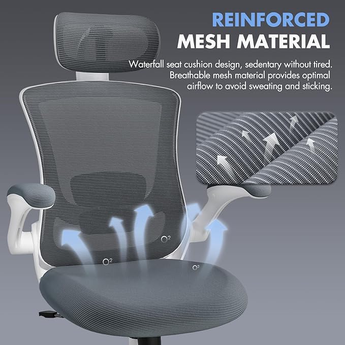 Ergonomic Office Chair with Adjustable Lumbar Support & Headrest, High Back Mesh Desk Chair with Flip-Up Armrests, Breathable & Comfortable Computer Chair for Home, Office & Study –Grey