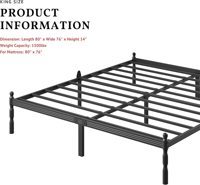 ZIYOO 14 inch King Size Metal Platform Bed Frame with Vintage Style, Mattress Slide Stopper, 1500LBS Heavy Duty Steel Slats, No Box Spring Needed, Noise-Free, Under Bed Storage Space