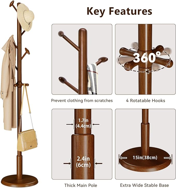 Solid Wood Coat Rack Freestanding Coat Tree with 10 Hooks for Bedroom, Livingroom, Entryway, Sturdy Coat Hanger Stand for Hats, Coats, Scarves, Handbags, Purses